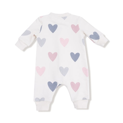 Angel Dear Hearts -French Terry Baseball Collar Romper With Front Placket