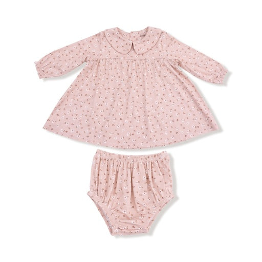 Angel Dear Carrie Floral Pink Bamboo Simple Long Sleeve Peter Pan Collar Dress + Diaper Cover
