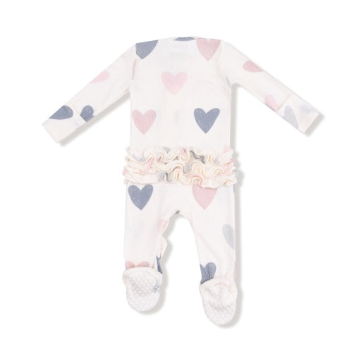 Angel Dear Hearts Modal Rib 2-Way Ruffle Zipper Footie