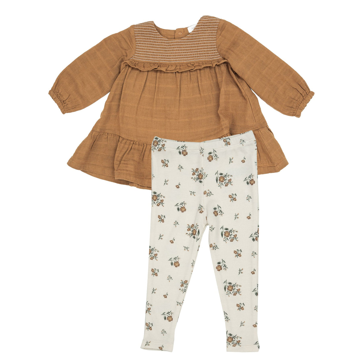 Smocked Ruffle Dress and Rib Legging - Cashew Solid by Angel Dear