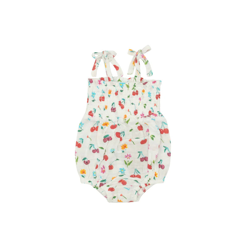 Tie Strap Smocked Bubble - Cherry by Angel Dear