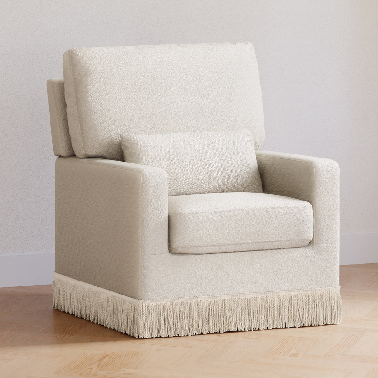 Namesake Crawford Pillowback Comfort Swivel Glider | Boucle with Tassel Fringe