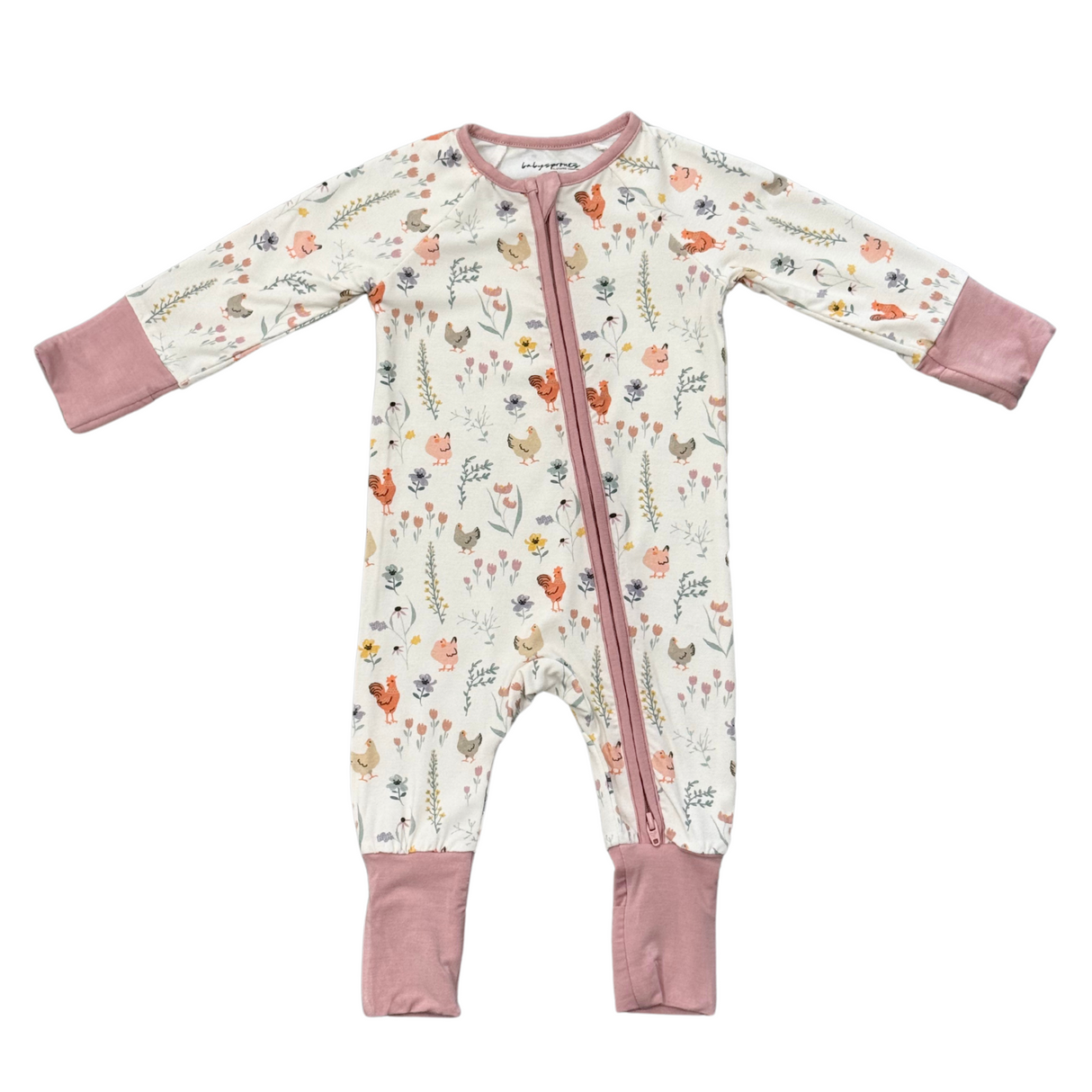 Long Sleeve Zip Romper- Floral Chickens by Babysprouts