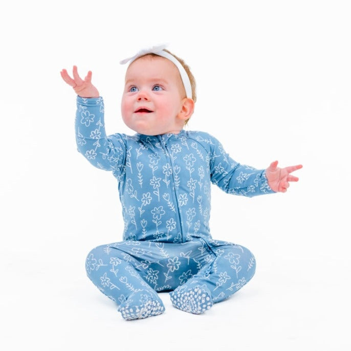 Zipper Footie in Blue Doodle by Sweet Bamboo