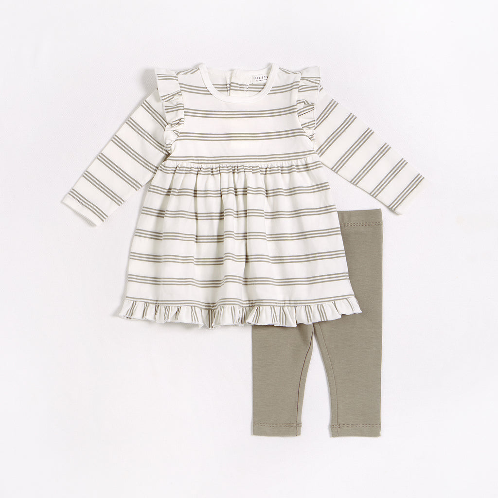 Forest Sage Striped Jersey Dress Set by Petit Lem