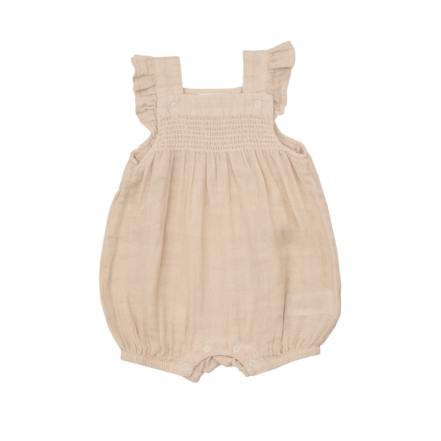 Smocked Overall Shortie in Soft Linen by Angel Dear