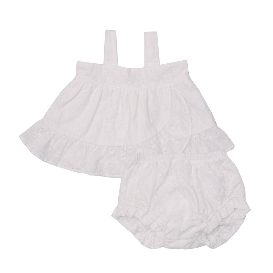 Wrap Ruffle Top & Ruffle Leg Diaper Cover in Eyelet White by Angel Dear