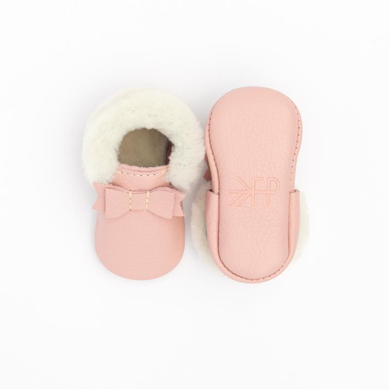 Shearling Bow Moccasins in Blush by Freshly Picked