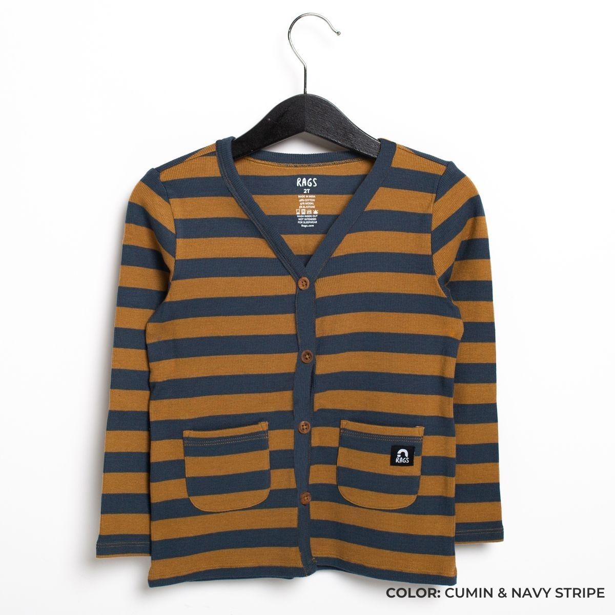 Kids Essentials Cardigan in Cumin & Midnight Navy Stripe by RAGS