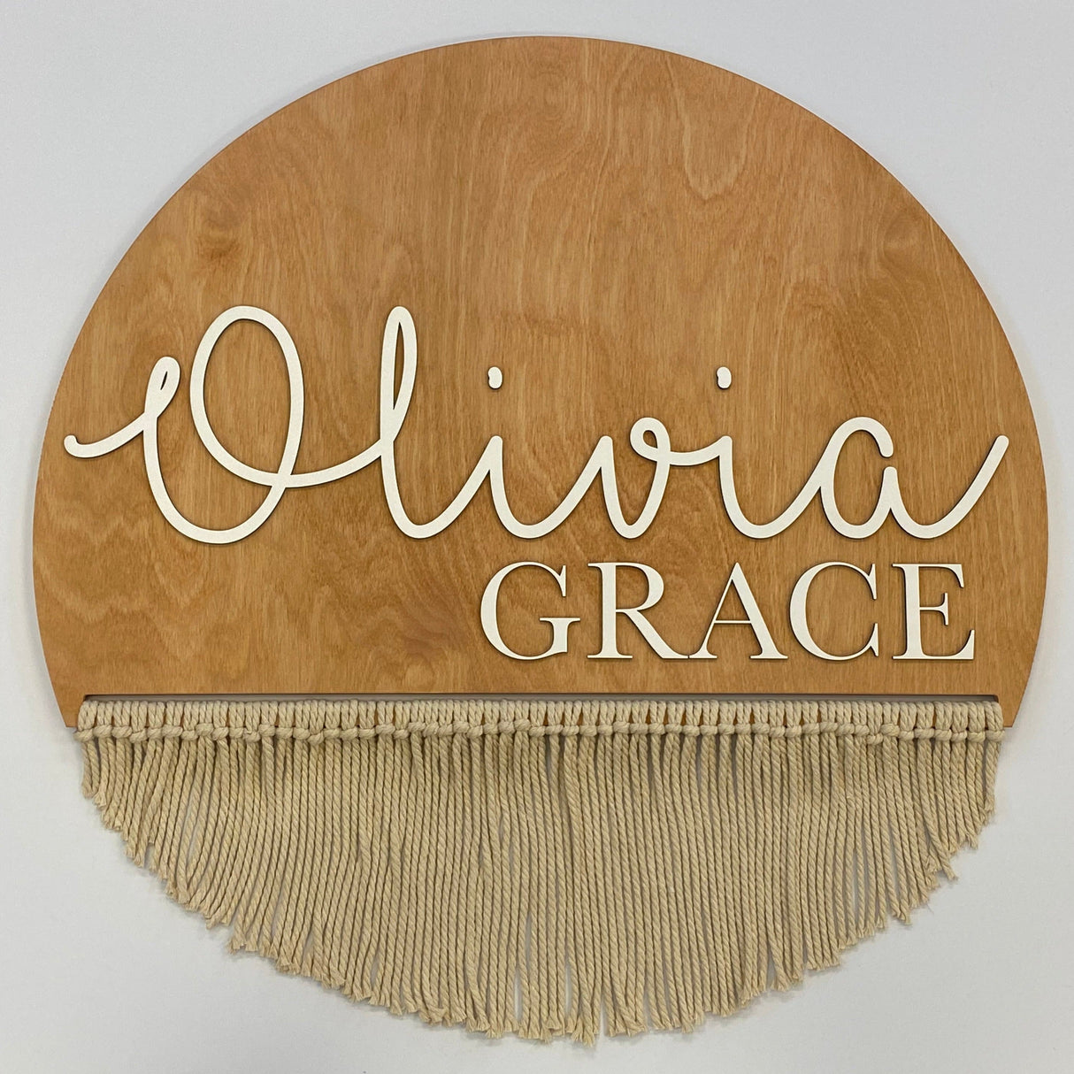 Sugar + Maple Round Personalized Wood Name Sign | Macrame