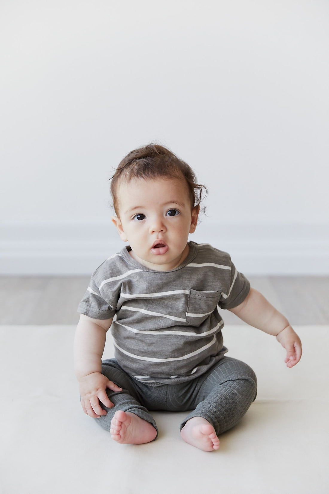 Landon Short Sleeve Tee in Fog/Ecru Stripe by Jamie Kay