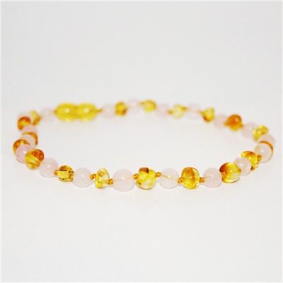 Amber Baltic & Gemstone Necklace in Lemon & Rose Quartz