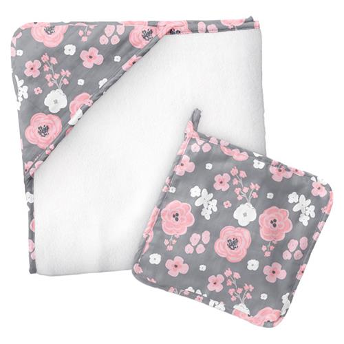 Stephen Joseph - Hooded Towel & Washcloth Set - Charcoal Flower