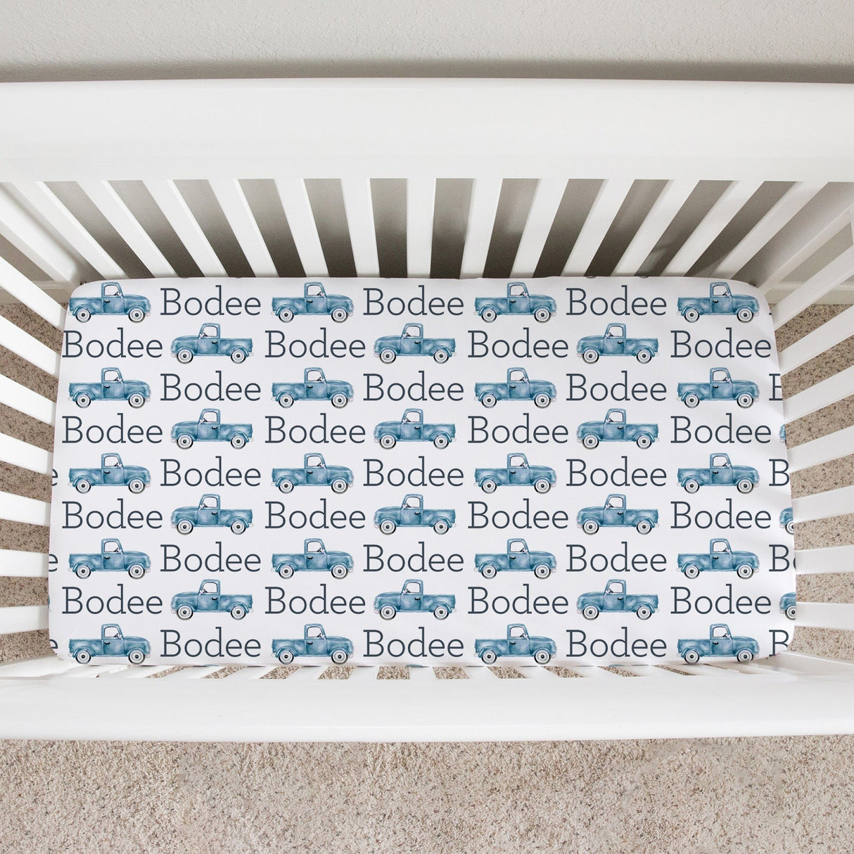 Sugar + Maple Personalized Crib Sheet | Trucks
