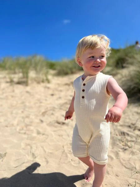 Ribbed Henley Playsuit in Cream by Me & Henry
