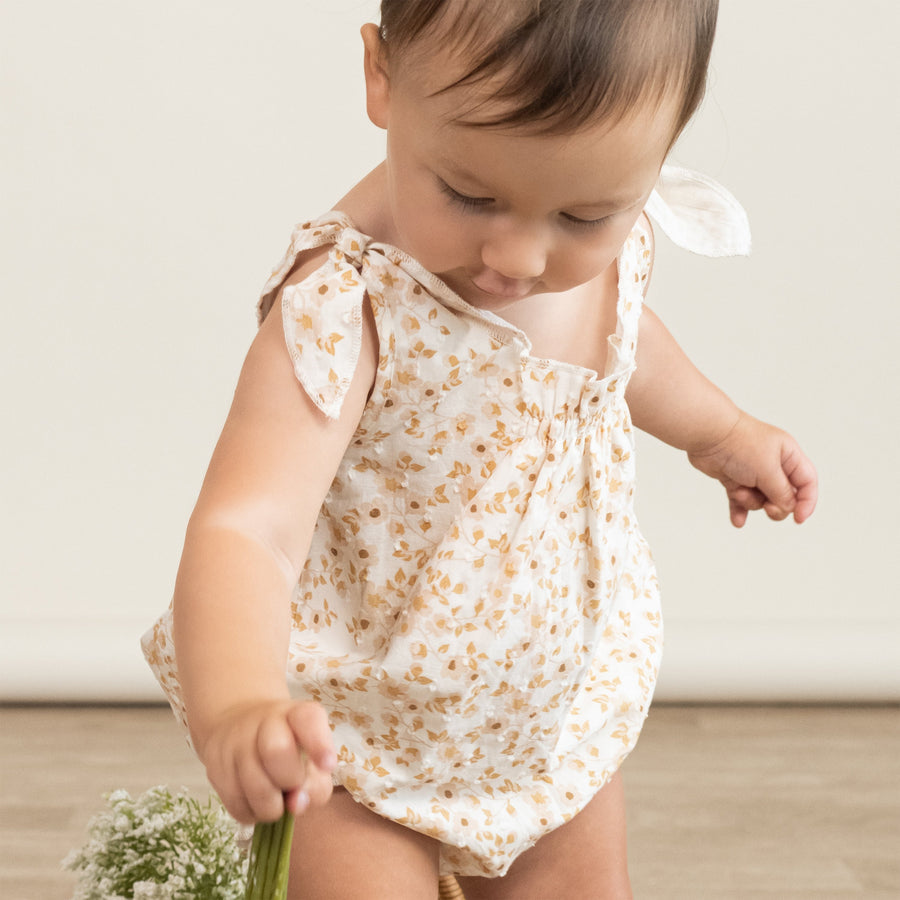 Organic Tie Shoulder Bubble Romper - Gardenia by Makemake