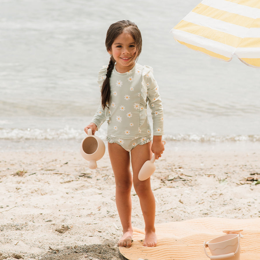 Daisy Print on Desert Sage Long-Sleeve Rashguard Set by Petit Lem