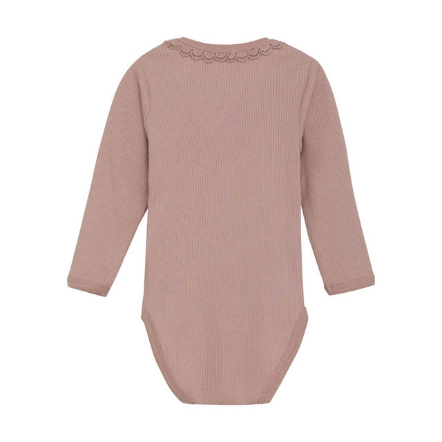 Girl Long Sleeve Ribbed Bodysuit- Misty Rose by Minymo