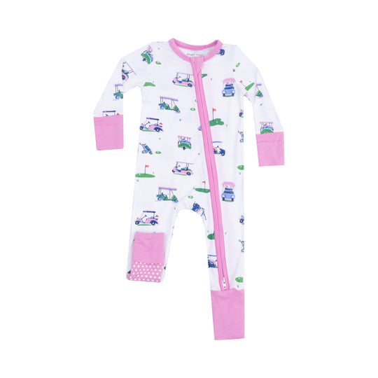 2 Way Zipper Romper - Vintage Golf Carts Pink by Angel Dear