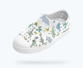 Native Jefferson Print kids shoes in Flux Alpine Dino and Shell White