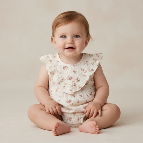 Organic Sleeveless Ruffle Bubble Romper - Blush Floral by Makemake
