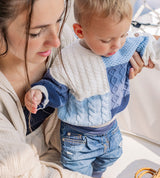 Cream and blue patchwork effect knitted sweater by Sourismini