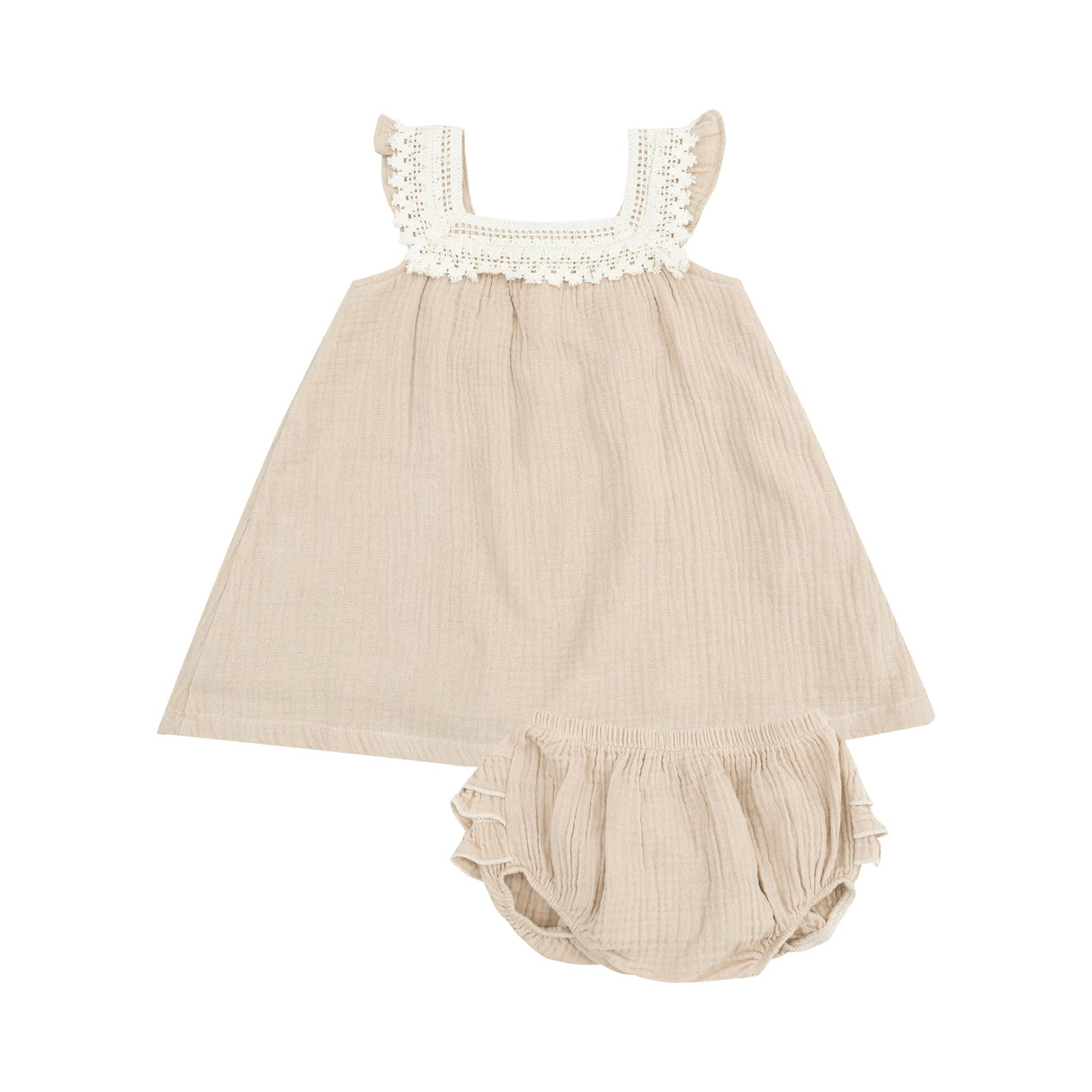 Sundress with Heart Crochet - Solid Muslin Oxford Tan by Angel Dear