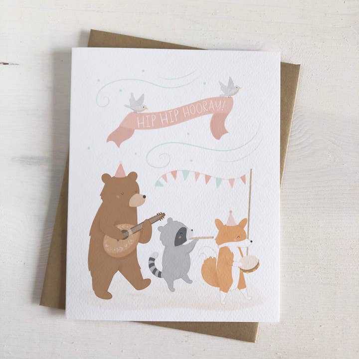 Hip Hip Hooray- Woodland Animal Parade Celebration Card