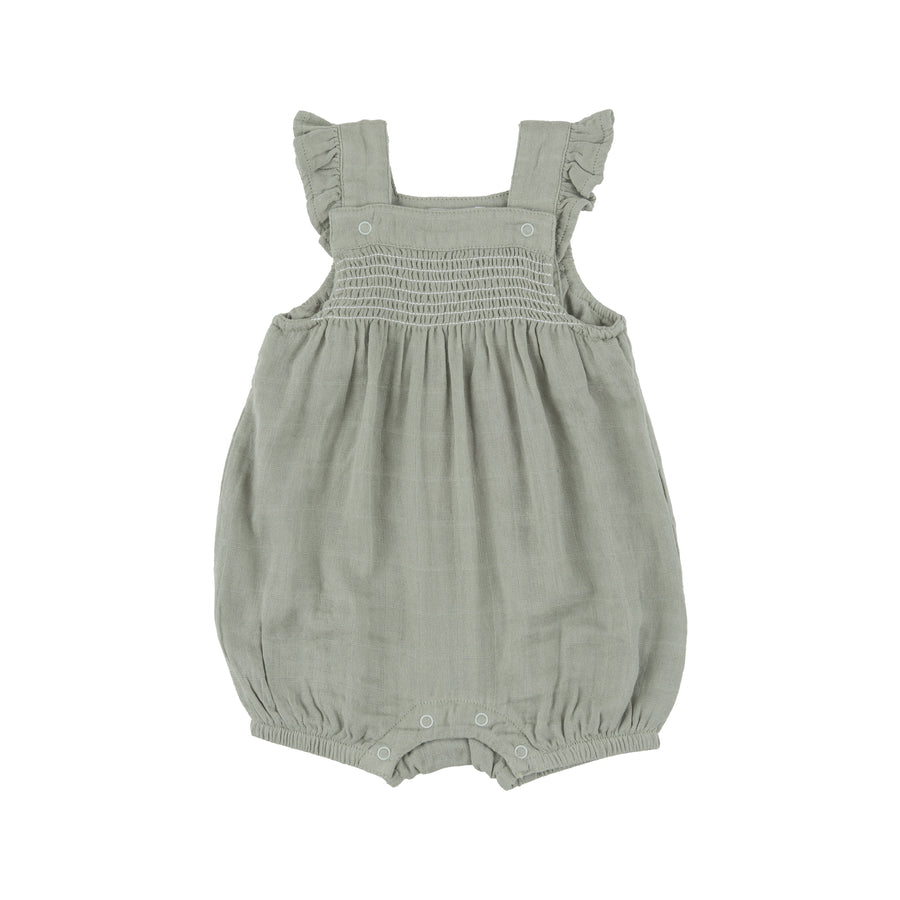 Smocked Front Overall Shortie - Desert Sage Solid Muslin by Angel Dear