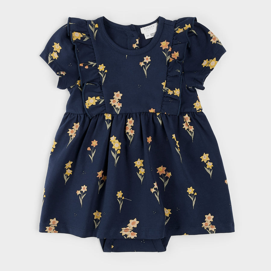 Daffodils on Navy Bodysuit Dress by Petit Lem