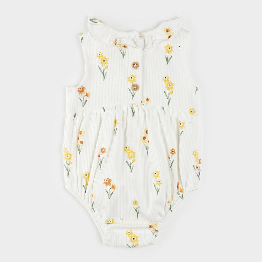 Daffodil Print on Ribbed Off-White Romper by Petit Lem