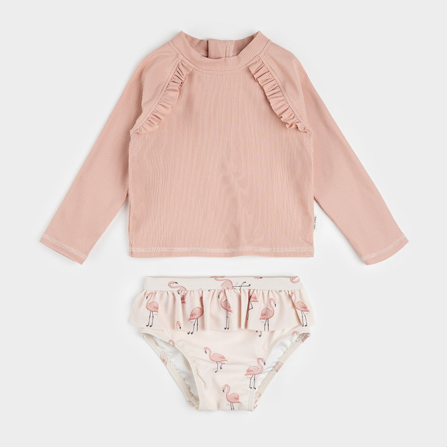 Ribbed Long-Sleeve Rose Quartz & Flamingos Rashguard Set by Petit Lem
