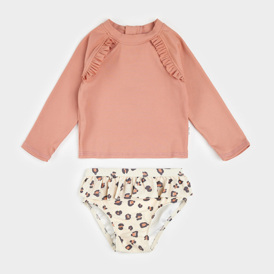 Ribbed Long-Sleeve Fiery Coral & Leopard Rashguard Set by Petit Lem