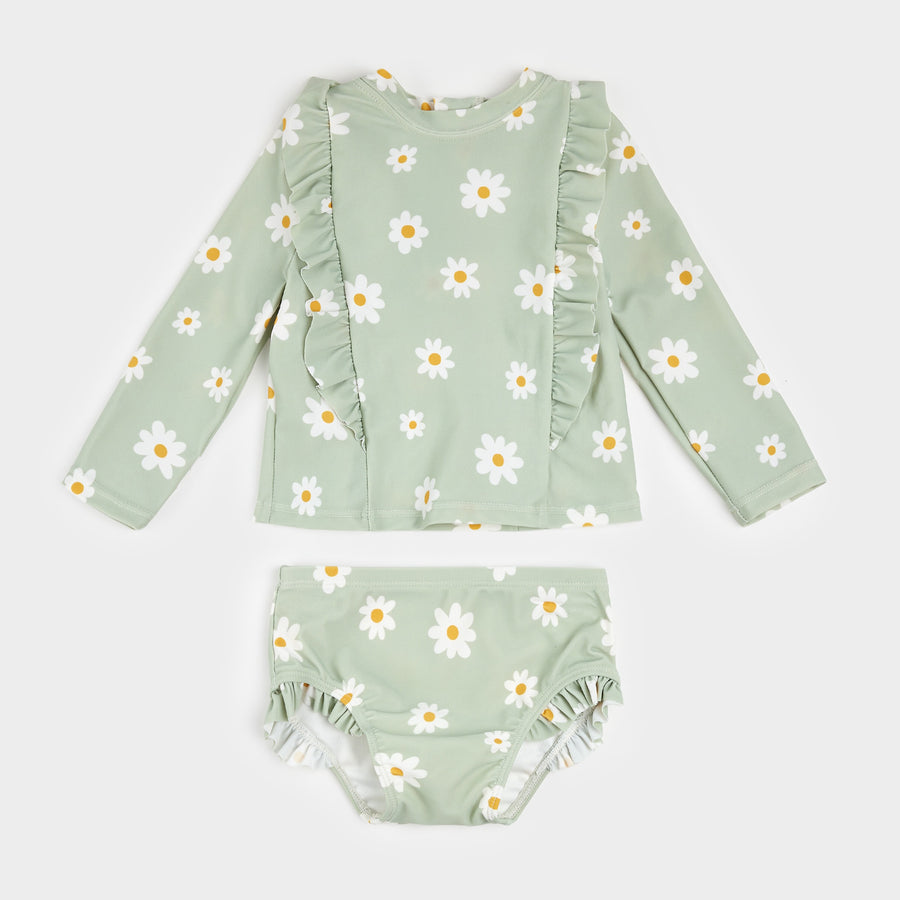Daisy Print on Desert Sage Long-Sleeve Rashguard Set by Petit Lem