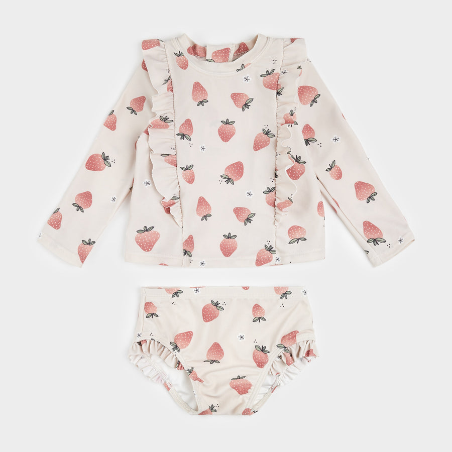 Strawberry Print on Crème Long-Sleeve Rashguard Set by Petit Lem