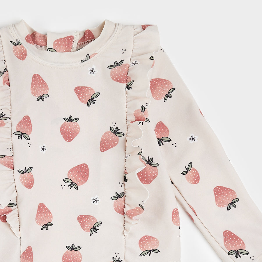 Strawberry Print on Crème Long-Sleeve Rashguard Set by Petit Lem