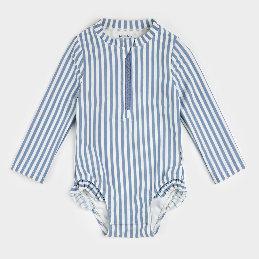 Blue Striped Long-Sleeve One-Piece Swimsuit by Petit Lem