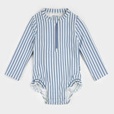 Blue Striped Long-Sleeve One-Piece Swimsuit by Petit Lem