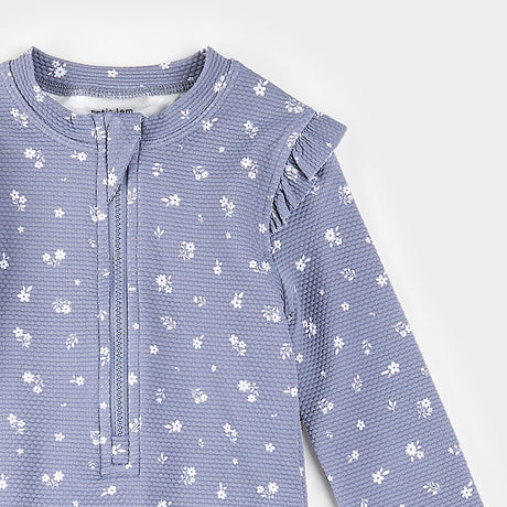 Wildflower Print on Steel Blue Long-Sleeve One-Piece Swimsuit by Petit Lem