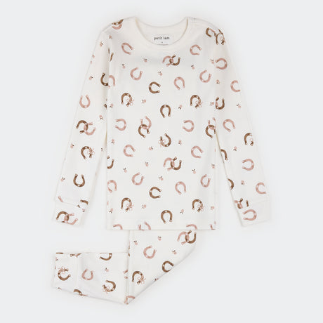 Horseshoe Print on Ivory Ribbed PJ Set by Petit Lem