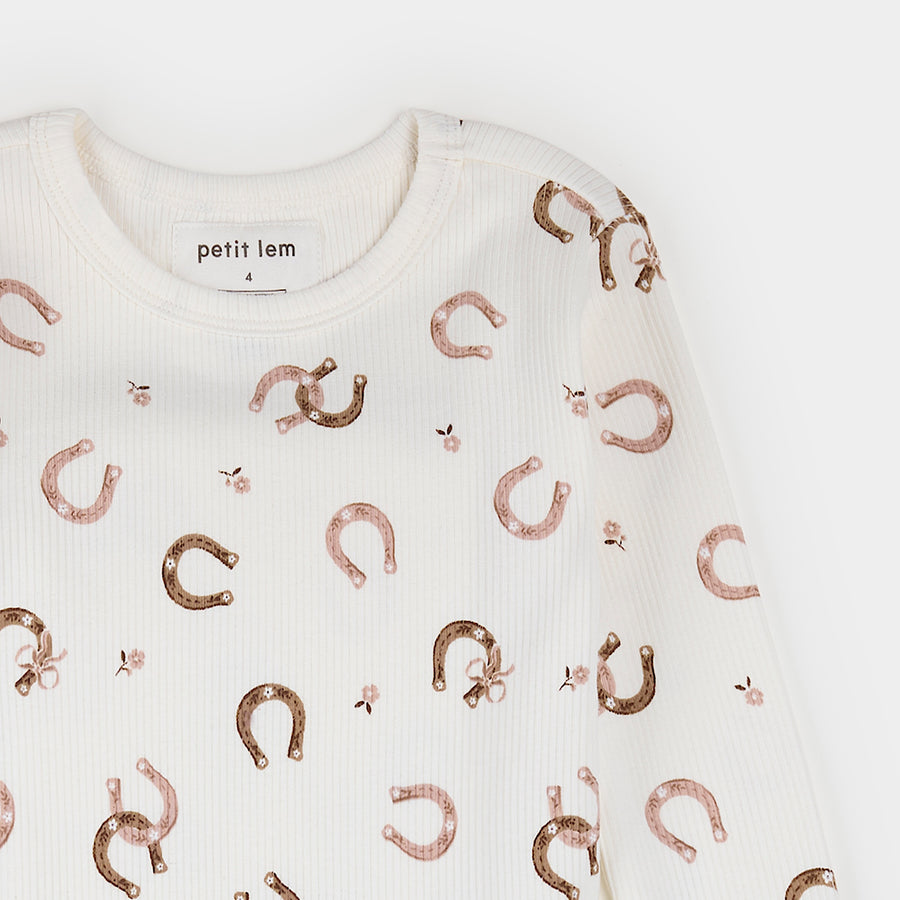 Horseshoe Print on Ivory Ribbed PJ Set by Petit Lem