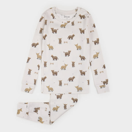 Highland Cow Print on Crème LunaKnit PJ Set by Petit Lem