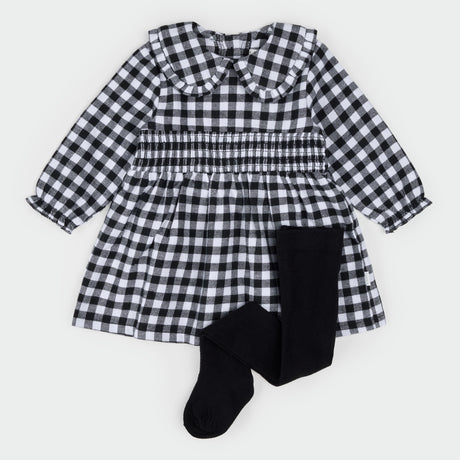 Black & White Tartan Flannel Dress Set by Petit Lem