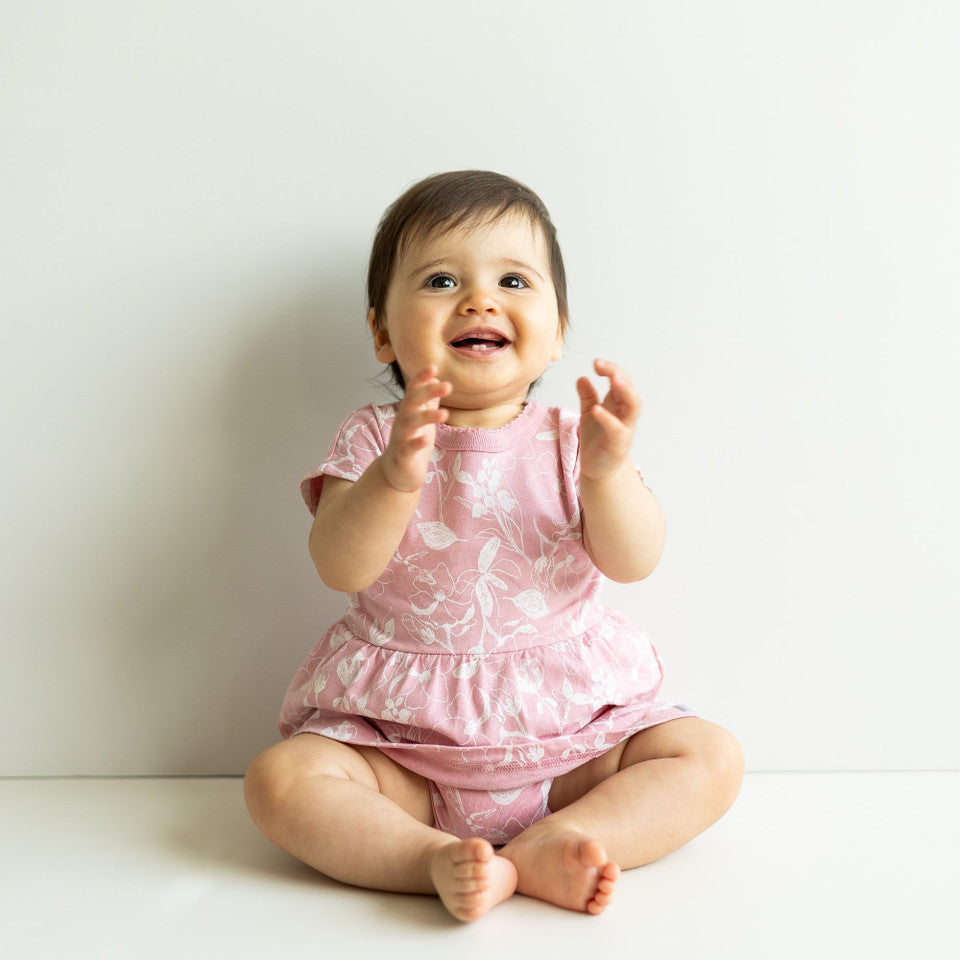 Skirted Romper in Flowers on Silver Pink by Coccoli