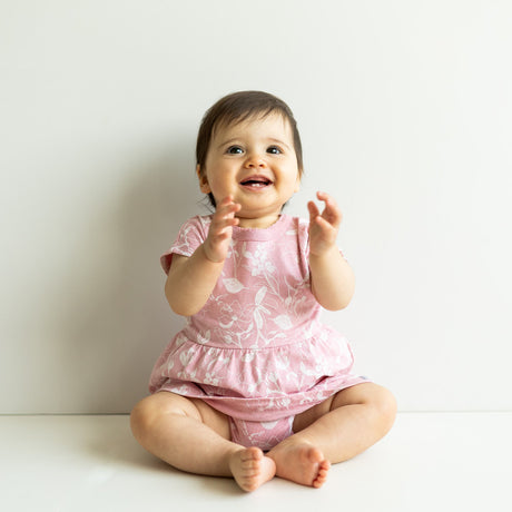 Skirted Romper in Flowers on Silver Pink by Coccoli