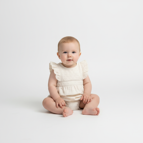 Organic Eyelet Flutter Romper- Ivory Eyelet by Makemake