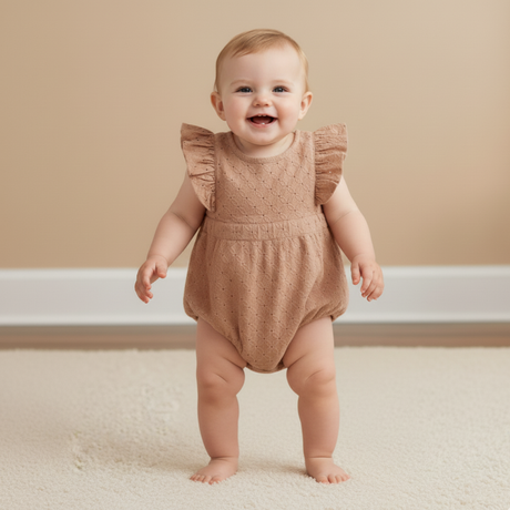 Organic Eyelet Flutter Romper- Clay Eyelet by Makemake