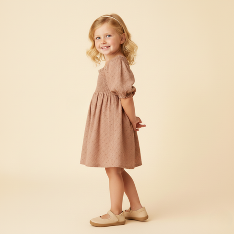 Organic Eyelet Bubble Sleeve Dress- Clay Eyelet by Makemake