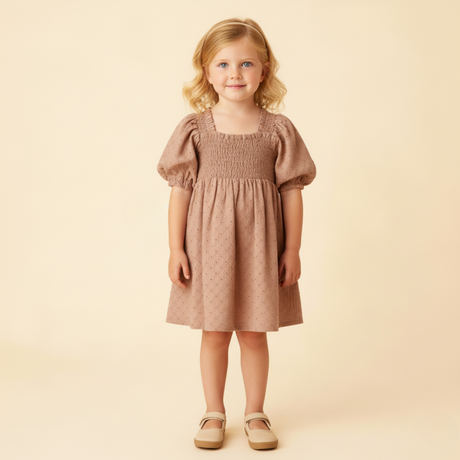 Organic Eyelet Bubble Sleeve Dress- Clay Eyelet by Makemake