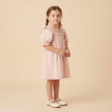 Organic Eyelet Bubble Sleeve Dress- Blush Eyelet by Makemake